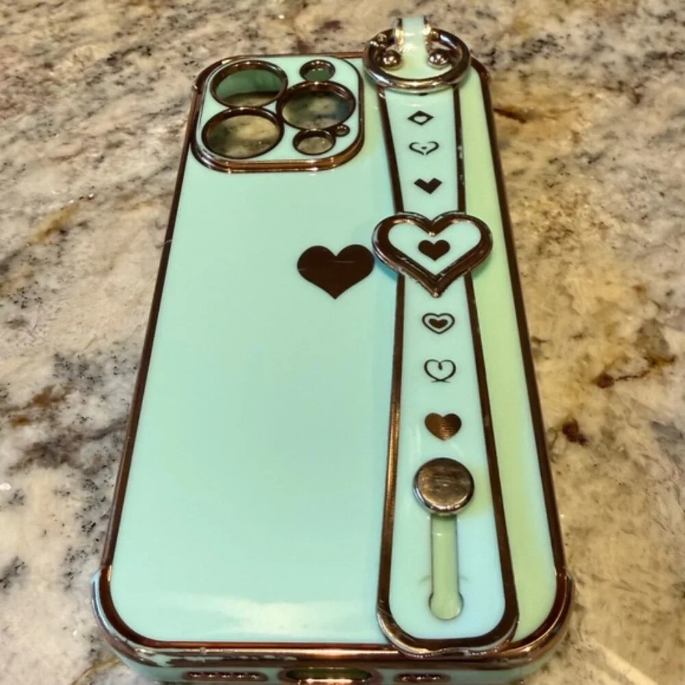 iPhone 13 Pro Mint Green & Gold Heart Phone Case with stand and ring attachments - Picture 7 of 9